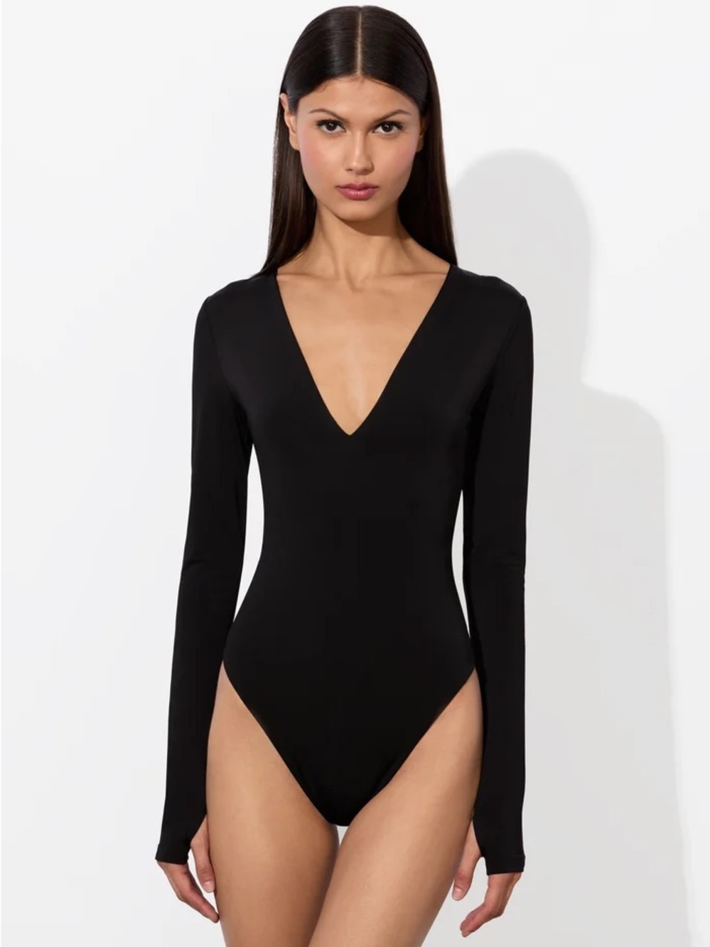 Alice + Olivia Long Sleeve Deep V Black Bodysuit Size Small